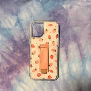 Pink Strawberry Pattern Card Holder Phone Case with Hand Strap
